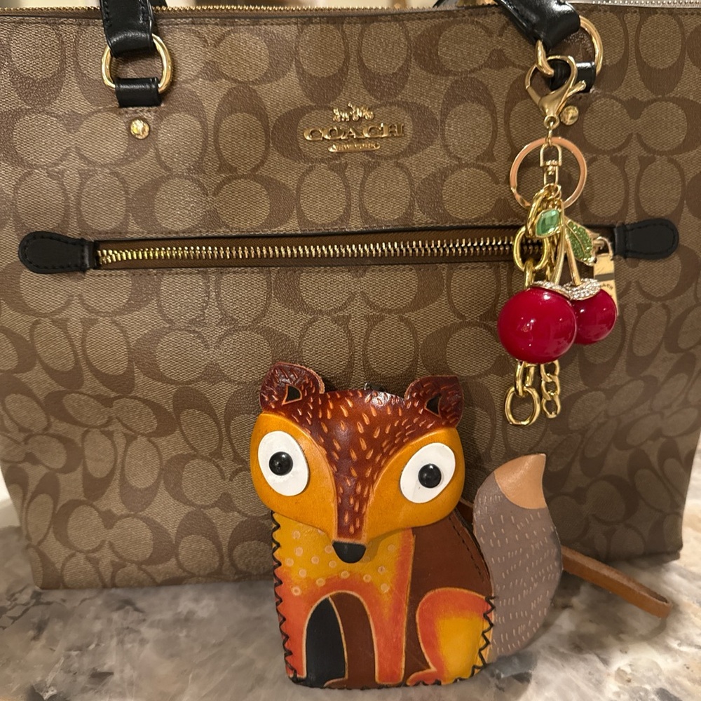 Coach Tan Signature Tote with Fox and Cherry Charms